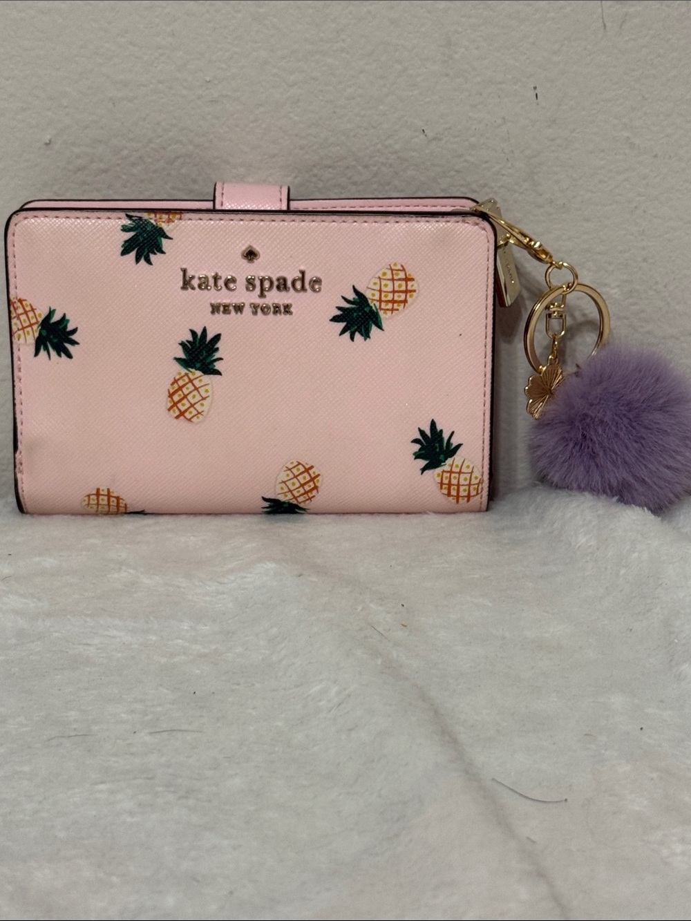 kate spade Pink Pineapple Card Holder Wallet with Lavender Pom Key Charm